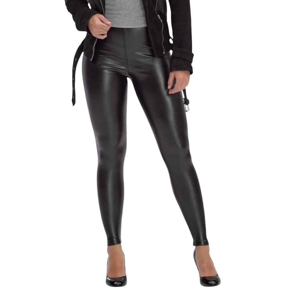 HUE Womens 2X Black Leatherette Hi Rise‎ Leggings Sleek Effects Bonded Waistband